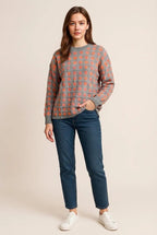 Plaid Round Neck Dropped Shoulder Sweater