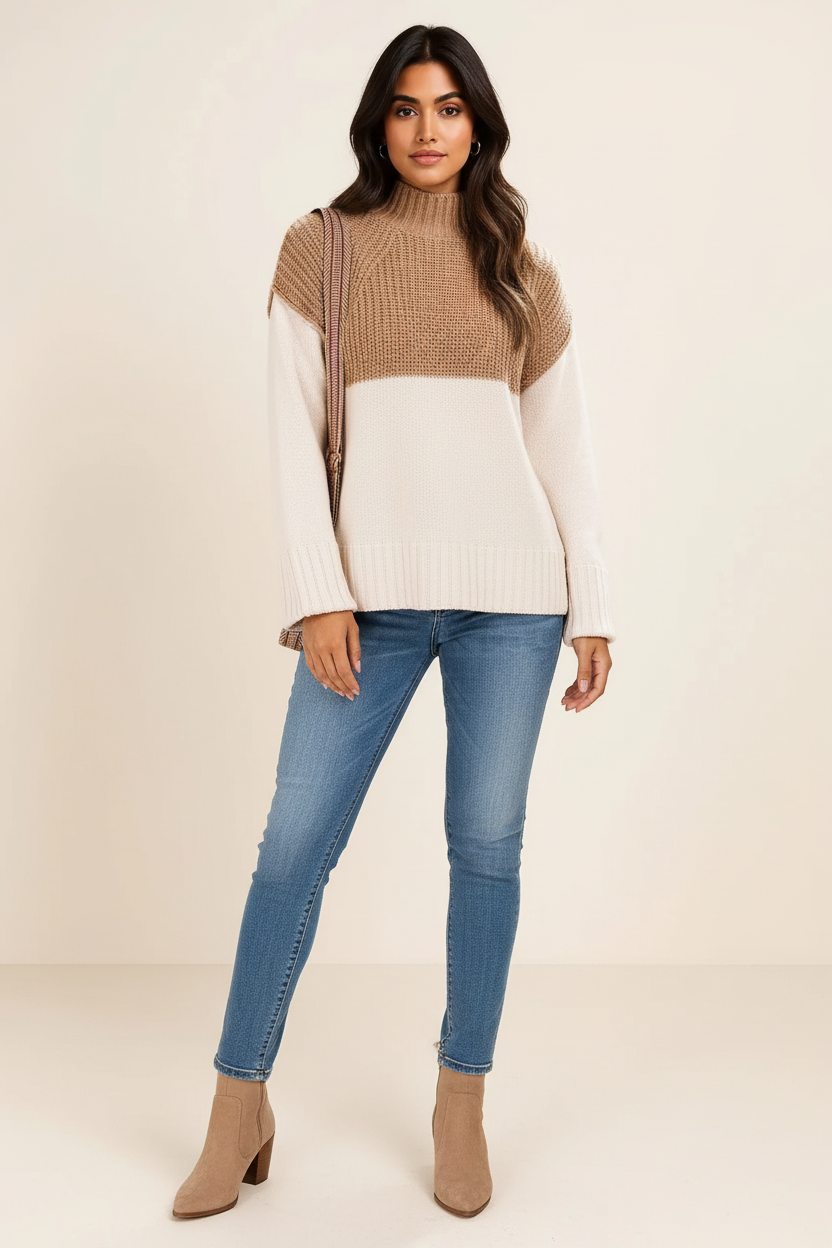 Slit Color Block Turtleneck Long Sleeve Sweater