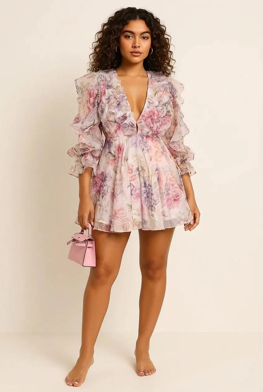 Peachy Floral Print Ruffled Mini Dress with Deep V-Neck