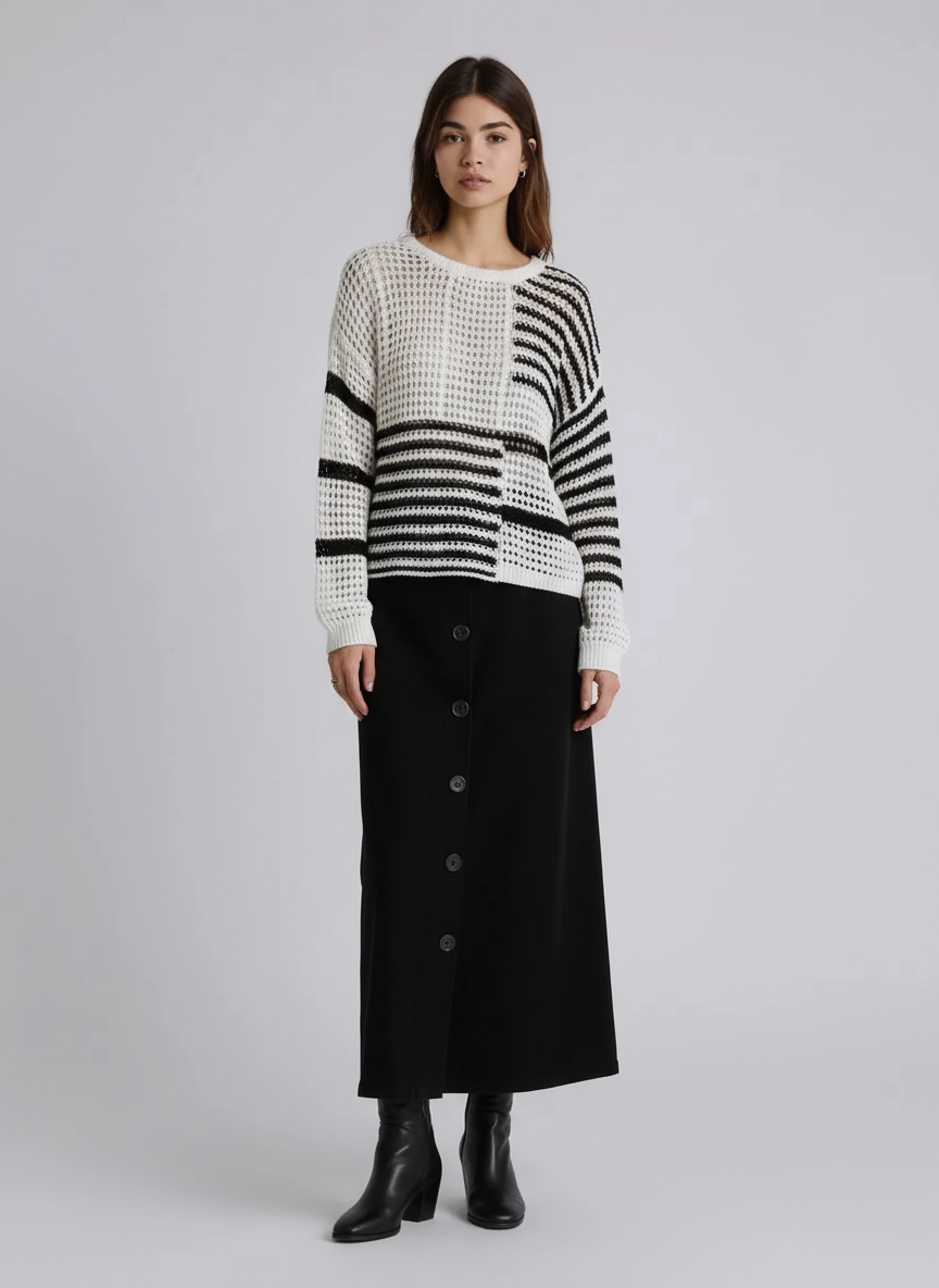 Contrast Striped Crochet Long Sleeve Knit Cover Up