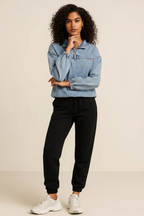Quarter Zip Collared Neck Denim Top