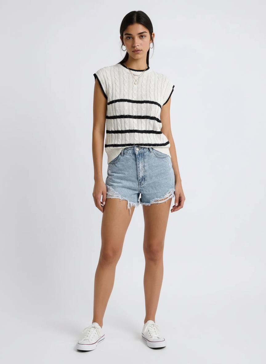 Cable-Knit Striped Round Neck Knit Top
