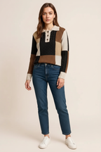 Multicolour Color Block Cable Knit Sleeve Buttons Collared Sweater