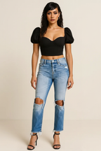 Distressed Raw Hem Jeans with Pockets
