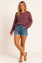 Peachy Textured Knit Round Neck Sweater