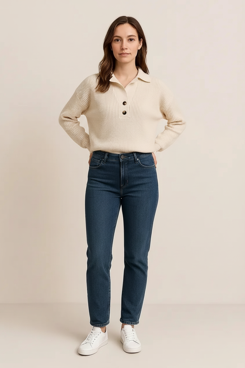 Collared Neck Rib-Knit Top