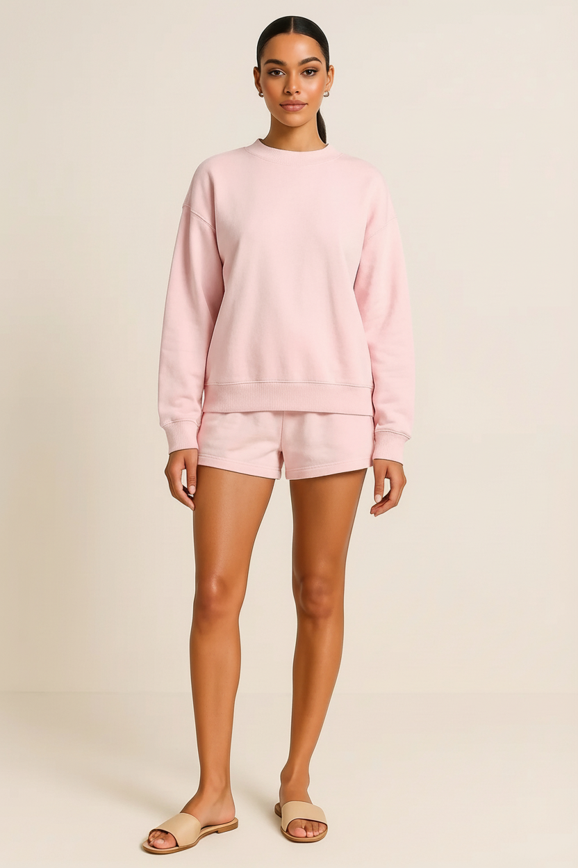 Relaxed Fit Round Neck Sweatshirt and Shorts Set