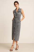 Button Front Sleeveless Denim Dress