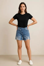 Distressed Raw Hem Asymmetrical Waist Denim Shorts