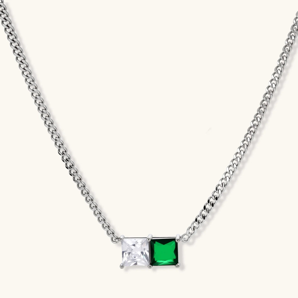Modern square-cut cubic zirconia jewelry set with white gold plated chain, featuring emerald green or golden yellow stones.