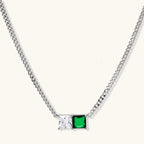 Modern square-cut cubic zirconia jewelry set with white gold plated chain, featuring emerald green or golden yellow stones.