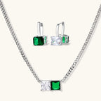Modern square-cut cubic zirconia jewelry set with white gold plated chain, featuring emerald green or golden yellow stones.