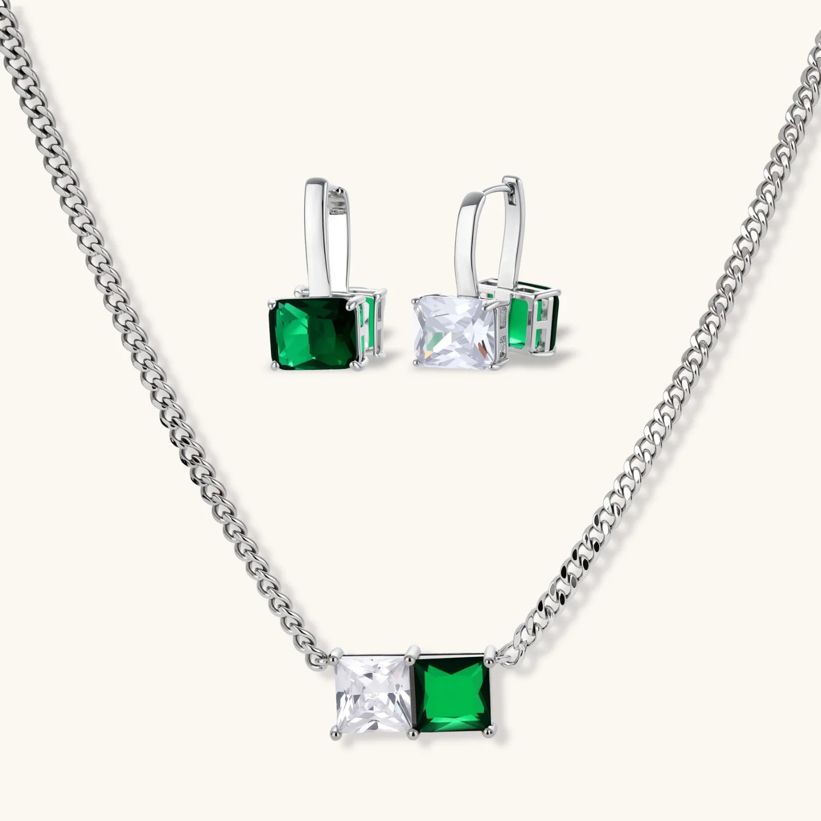 Modern square-cut cubic zirconia jewelry set with white gold plated chain, featuring emerald green or golden yellow stones.