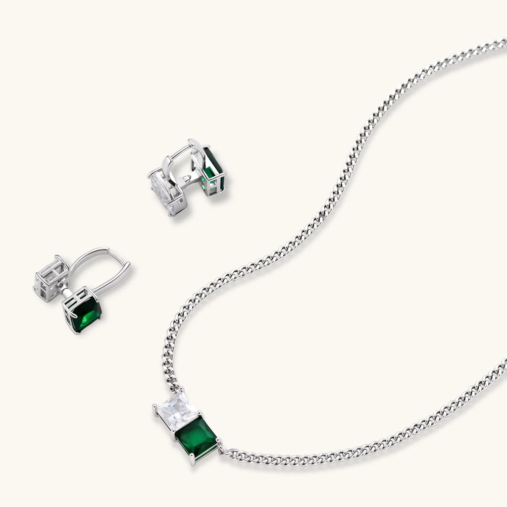 Modern square-cut cubic zirconia jewelry set with white gold plated chain, featuring emerald green or golden yellow stones.