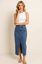 Slit Midi Denim Skirt with Pockets