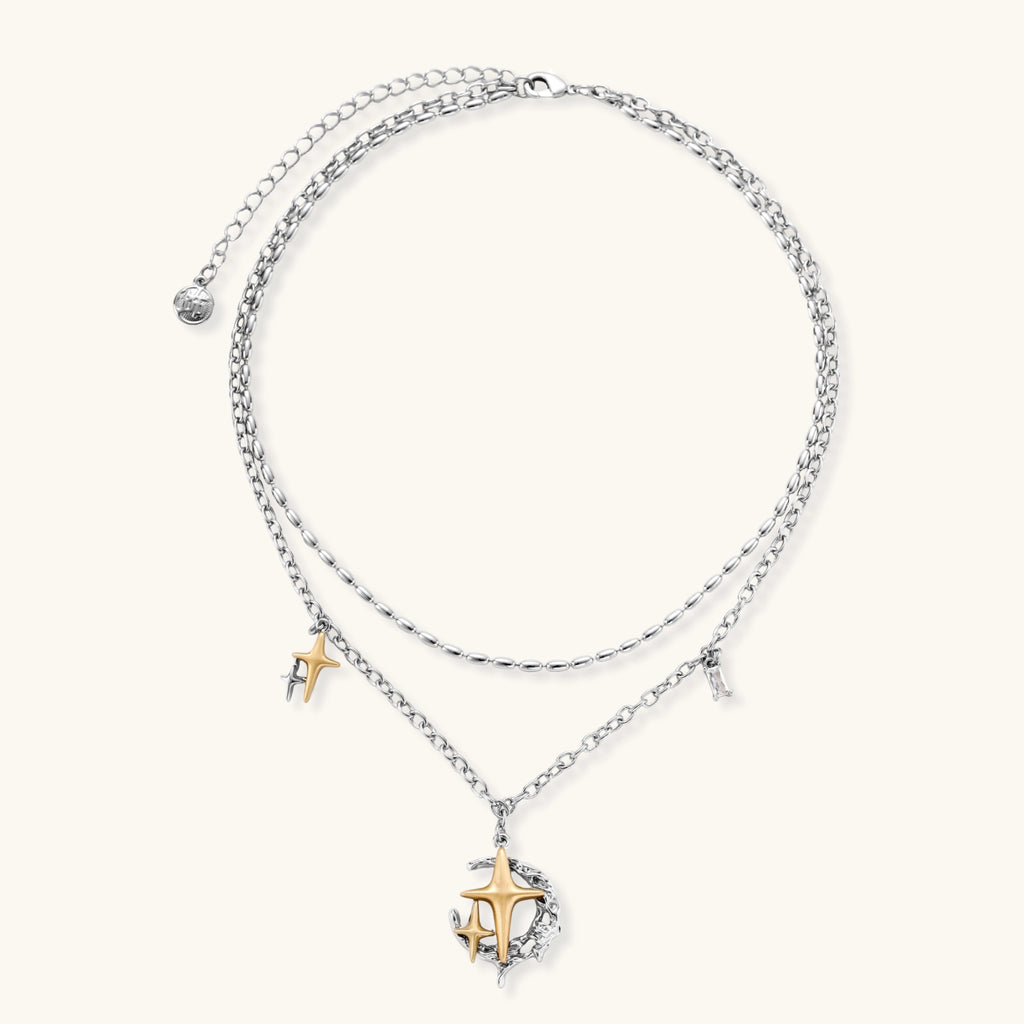 Layered silver-tone necklace set featuring star charms and crescent moon pendant with eco-friendly zinc alloy construction