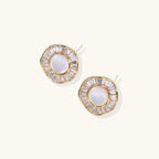 Gold-plated stud earrings with central freshwater pearl surrounded by radiating baguette crystals in sunburst design