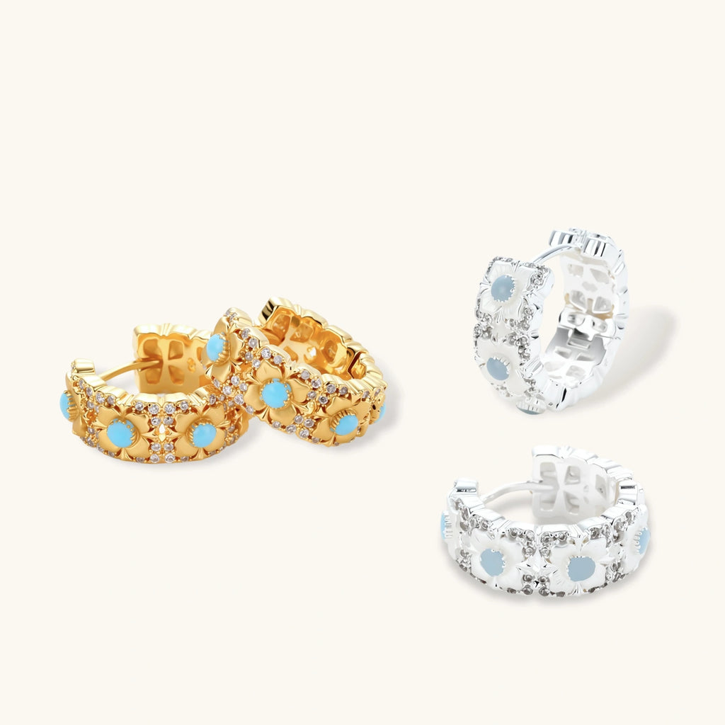 18K gold-plated hoop earrings with turquoise-centered flowers and crystal details on white background.