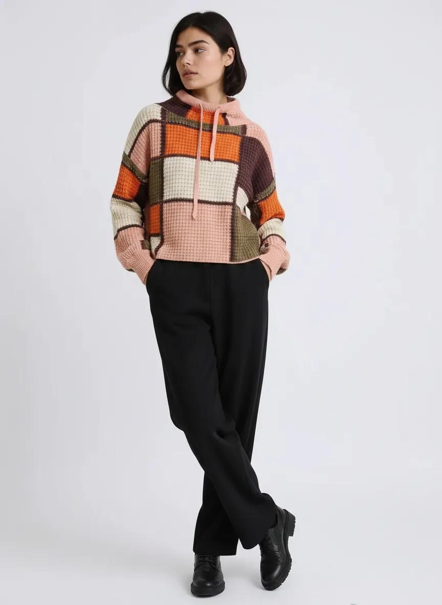 Drawstring Color Block Mock Neck Sweater