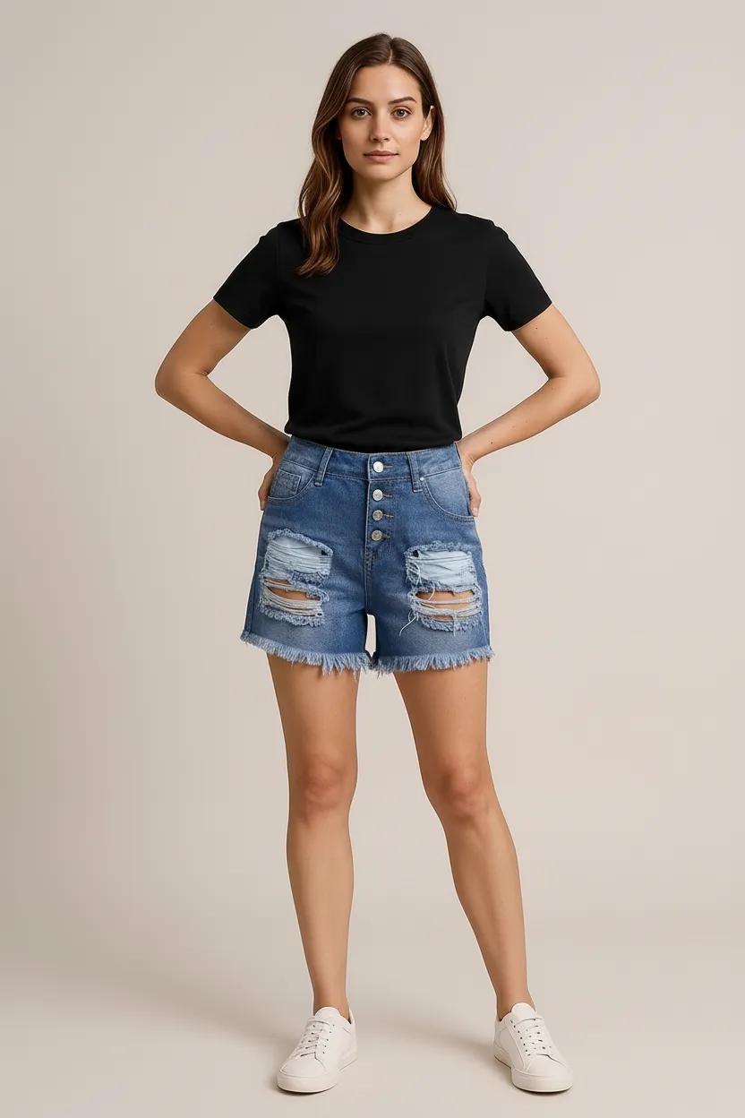 Distressed Raw Hem Denim Shorts