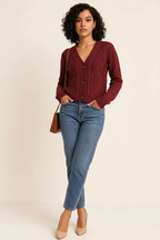 Cable-Knit Button Down V-Neck Cardigan