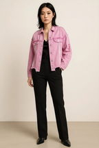 Lace Detail Distressed Raw Hem Long Sleeve Denim Jacket