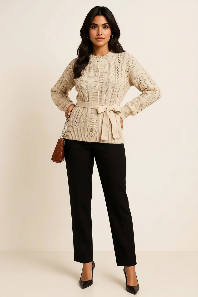 Cable Knit Belted Cardigan with Button Front