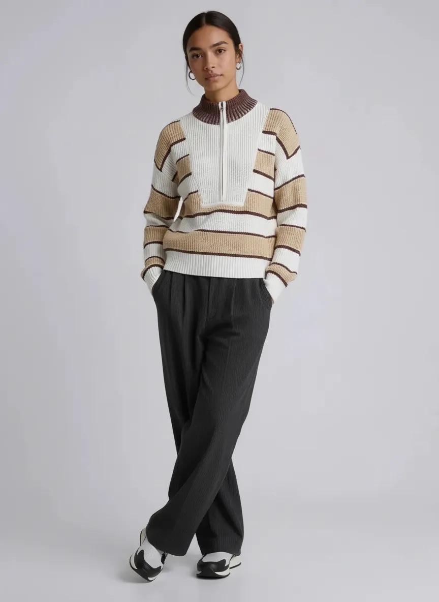 Stripe Half Zip Drop Shoulder Sweater