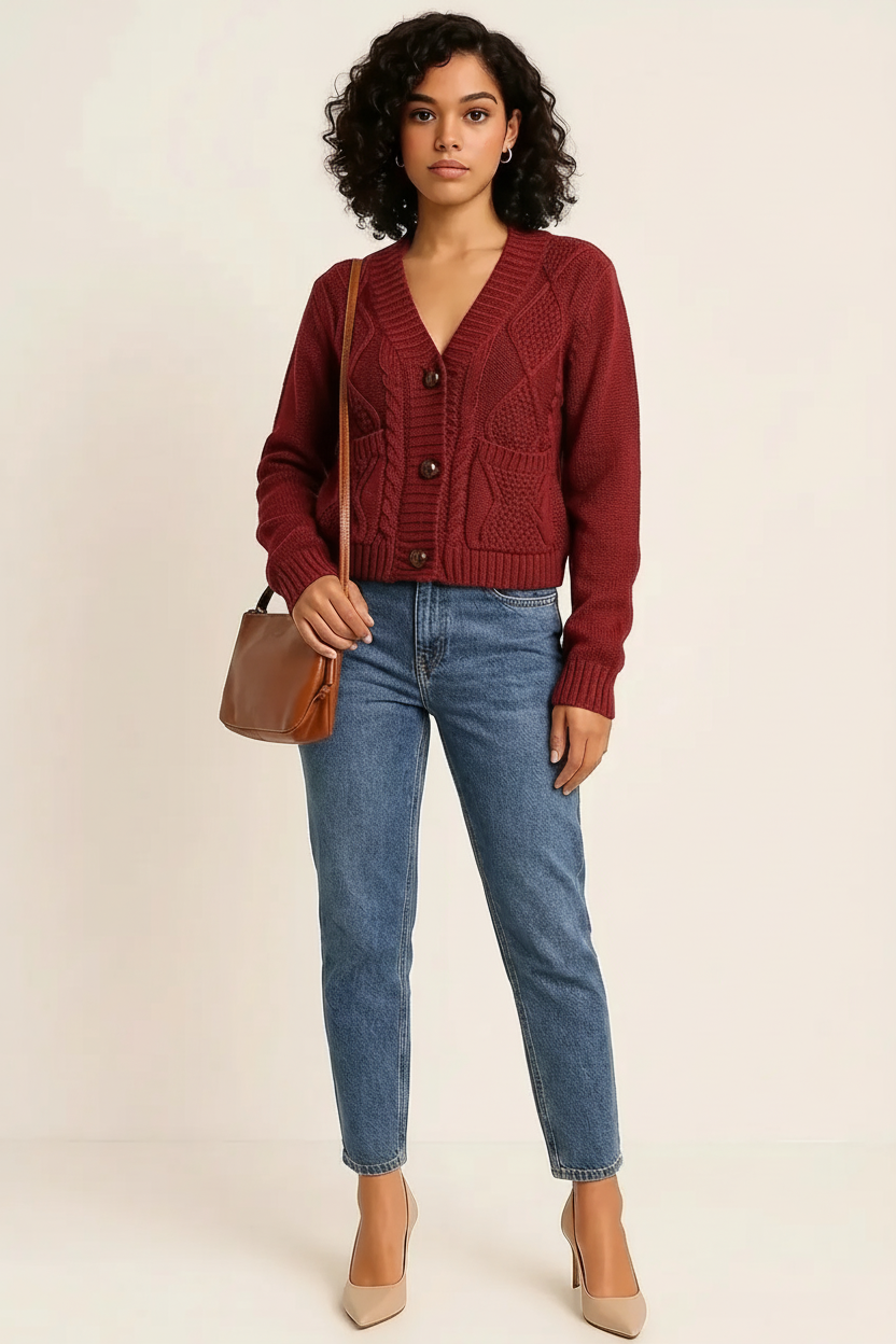 Cable-Knit Button Down V-Neck Cardigan