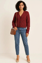 Cable-Knit Button Down V-Neck Cardigan