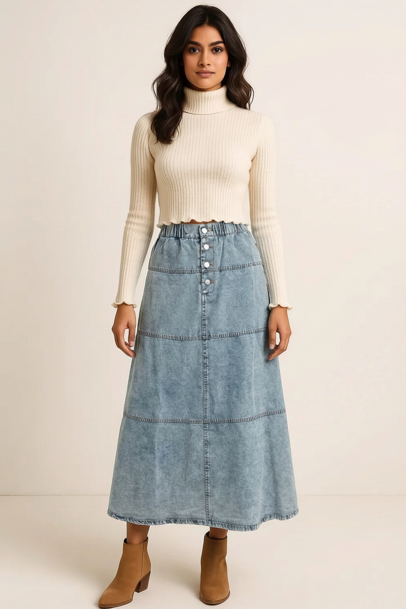 Button-Front Tiered Maxi Denim Skirt