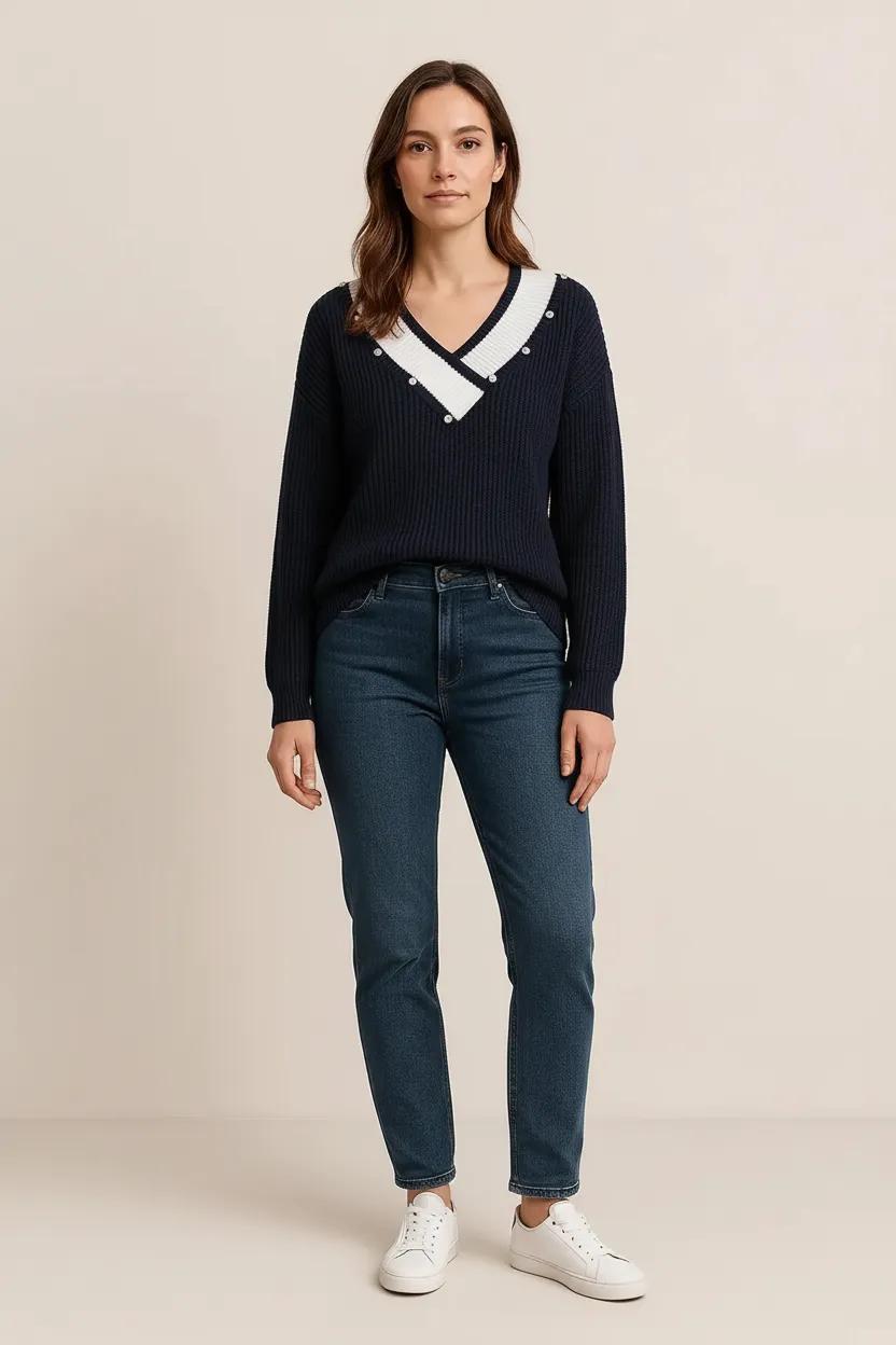 Contrast Trim Dropped Shoulder Long Sleeve Sweater