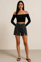 Raw Hem Slit Denim Shorts