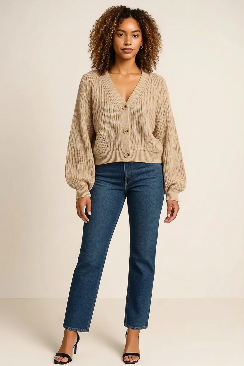 Button Up V-Neck Long Sleeve Cardigan