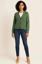 Cable-Knit Button Down V-Neck Cardigan