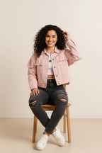 Ruffled Collared Neck Long Sleeve Denim Top