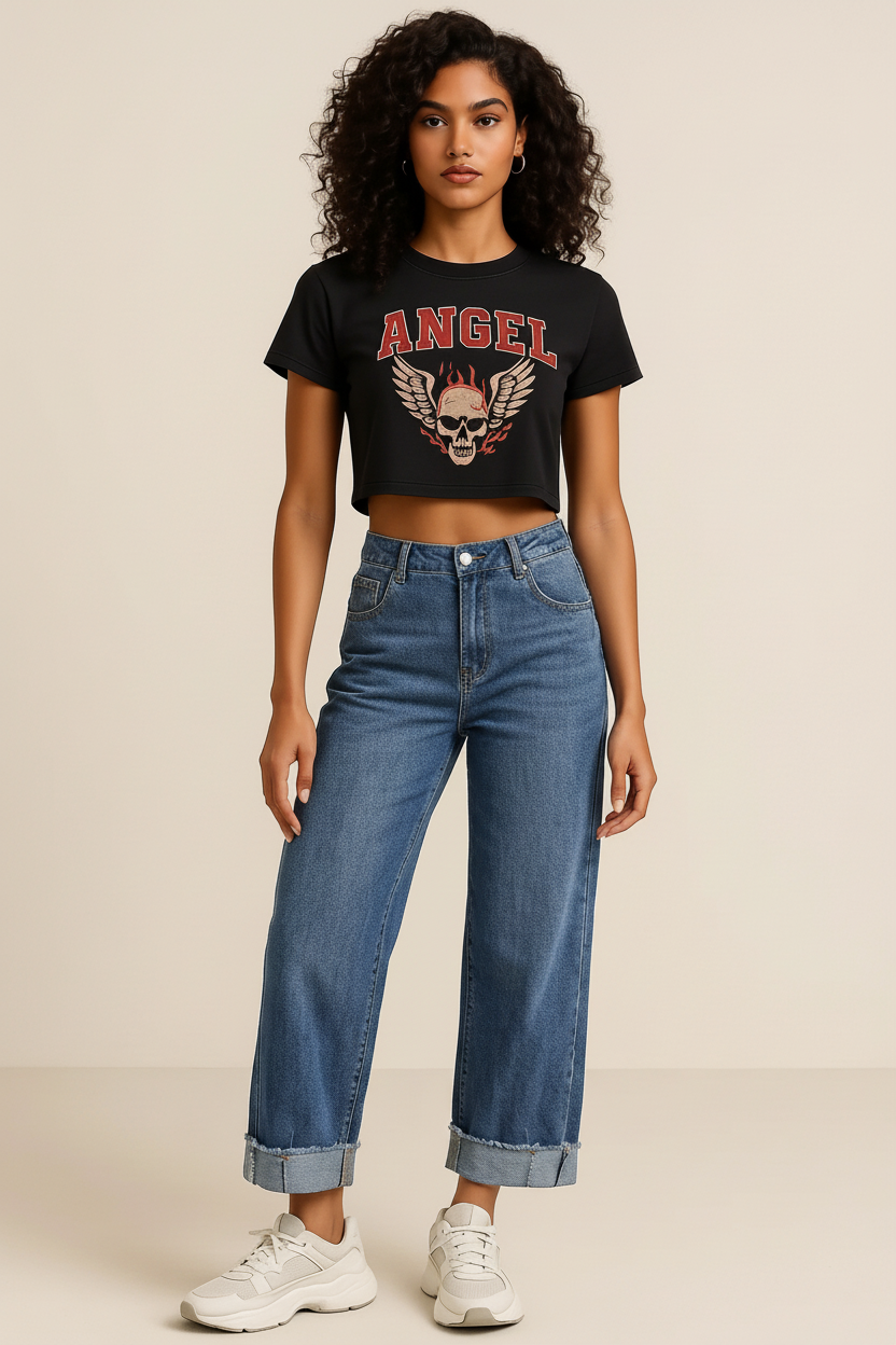 Stitched Raw Hem Wide Leg Loose Jeans