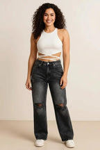 Distressed Wide Leg Jeans with Pockets
