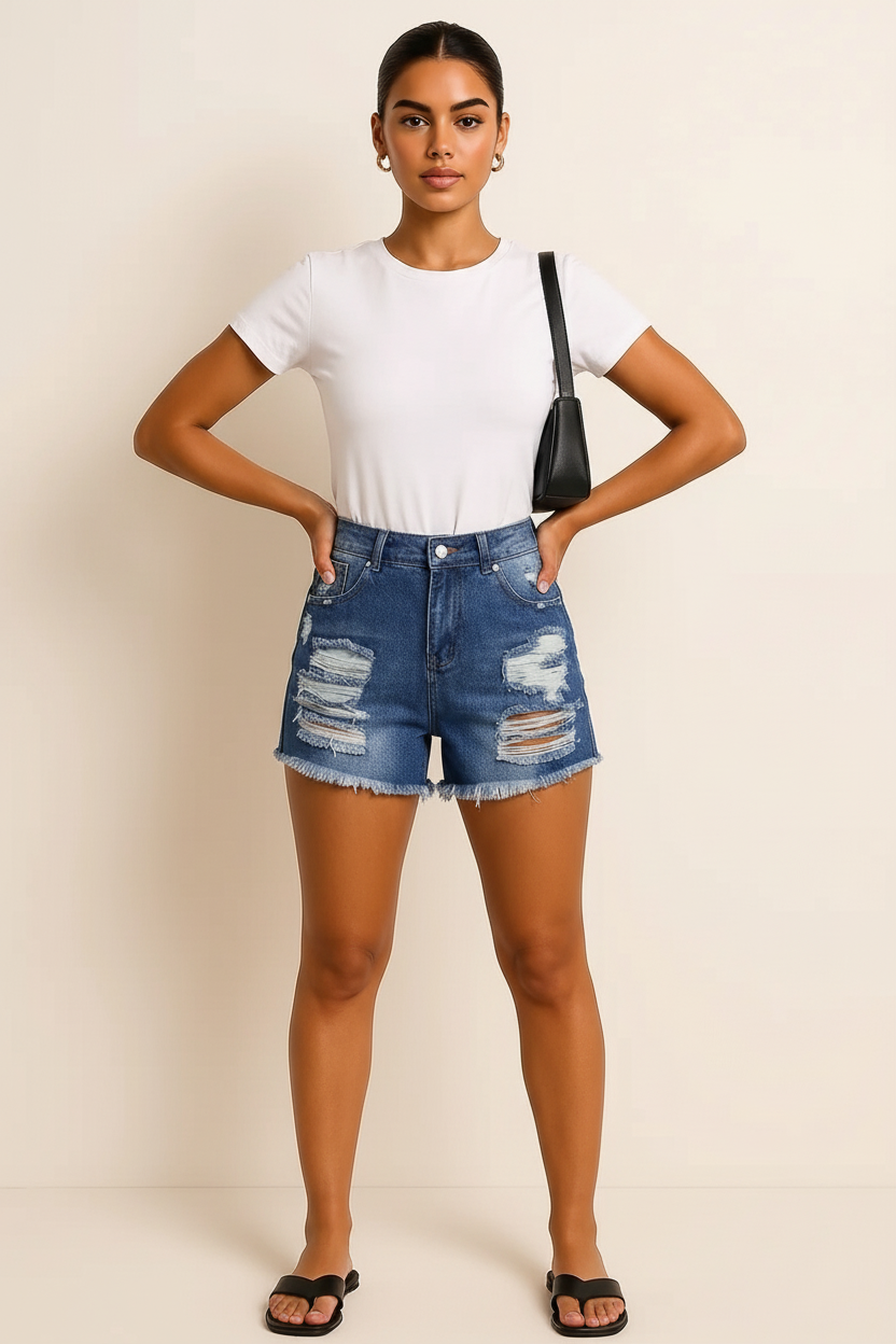 Distressed Raw Hem Denim Shorts