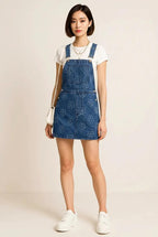 Flower Wide Strap Denim Overall Dress with Pockets