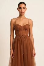 Peachy Sweetheart Neck Tulle Midi Dress