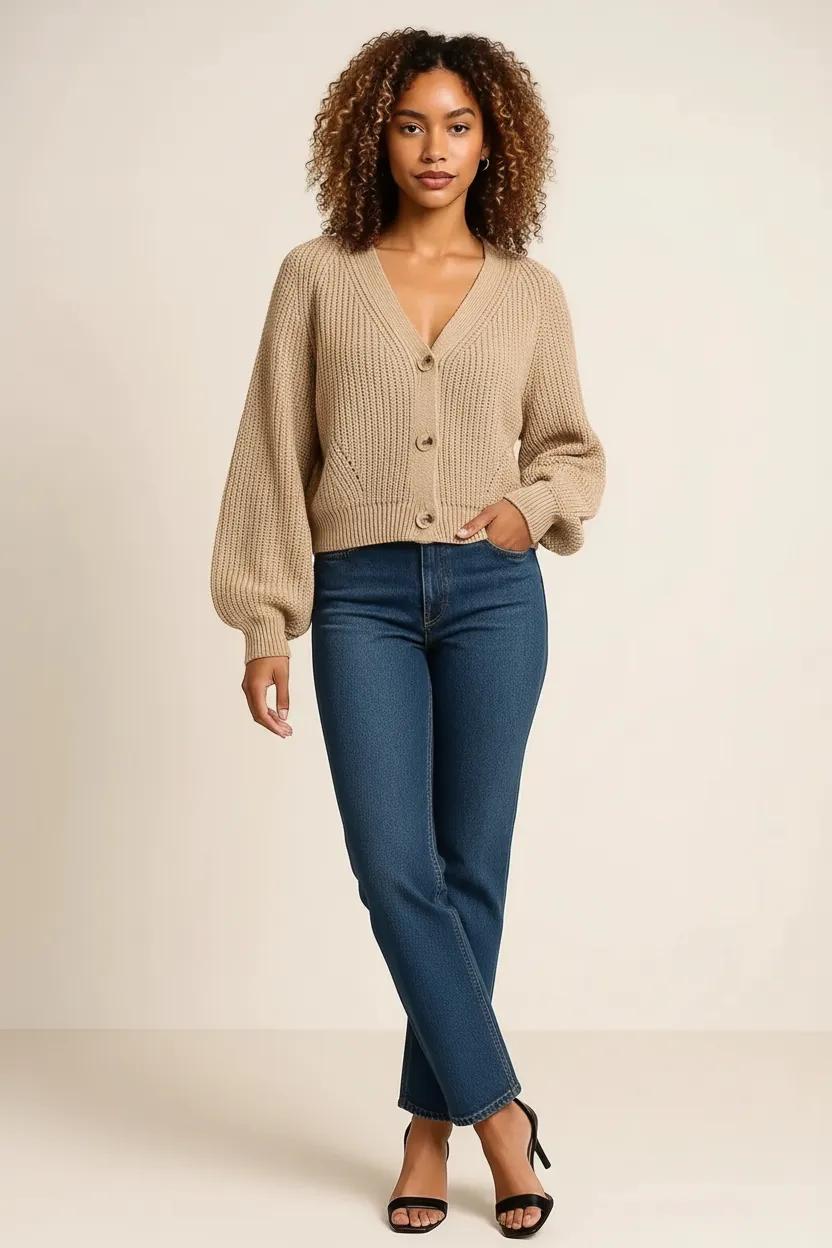 Button Up V-Neck Long Sleeve Cardigan