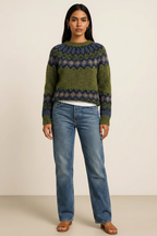 Full Size Vintage Patterned Round Neck Sweater Plus Size