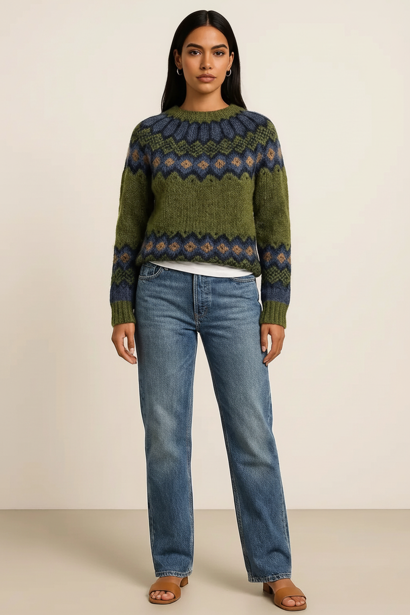Full Size Vintage Patterned Round Neck Sweater Plus Size