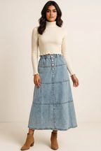 Button-Front Tiered Maxi Denim Skirt
