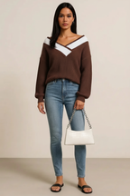 Contrast Dropped Shoulder Long Sleeve Sweater