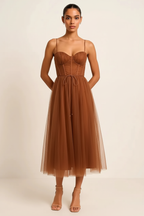 Peachy Sweetheart Neck Tulle Midi Dress