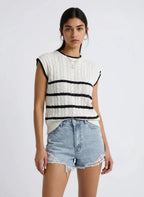 Cable-Knit Striped Round Neck Knit Top