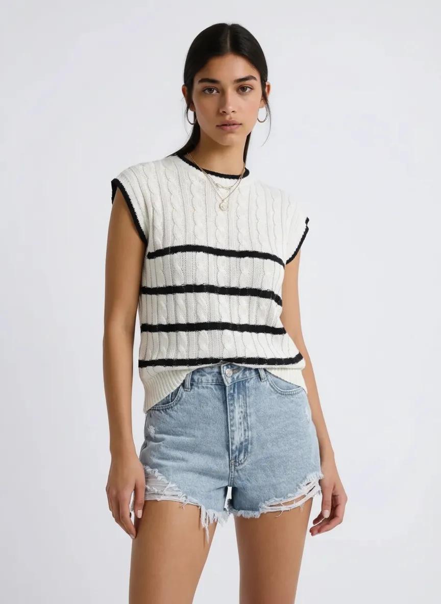 Cable-Knit Striped Round Neck Knit Top