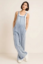 Frayed Exposed Seam Wide Leg Denim Overalls